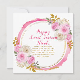 Tarjeta Flores rosa y dorada brillantes y elegantes 16