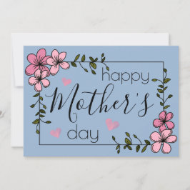 Tarjeta flores rosadas azul pastel cerúleo día de la madre