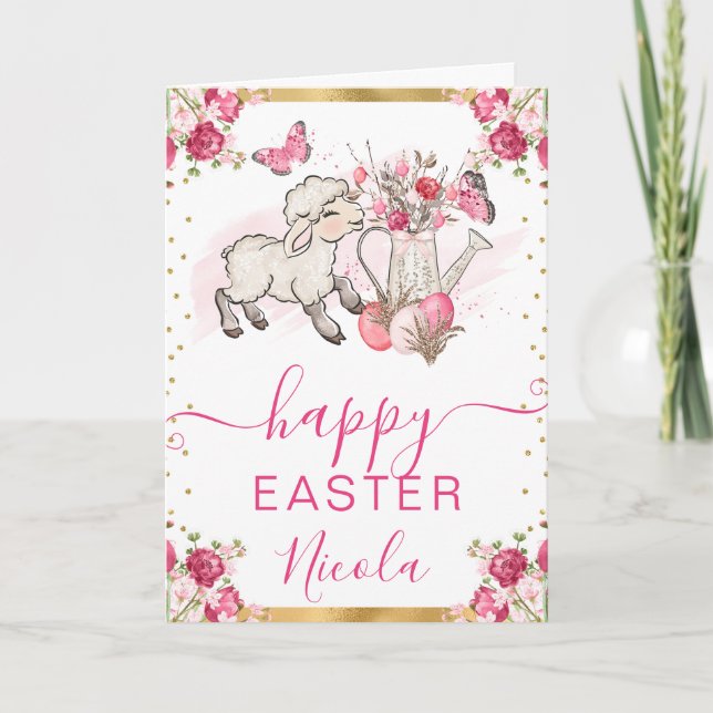 Tarjeta Flores rosadas de acuarela Cordero Feliz Pascua (Anverso)