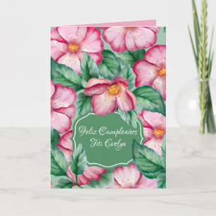 Tarjeta Flores rosadas de acuarela española para el cumple