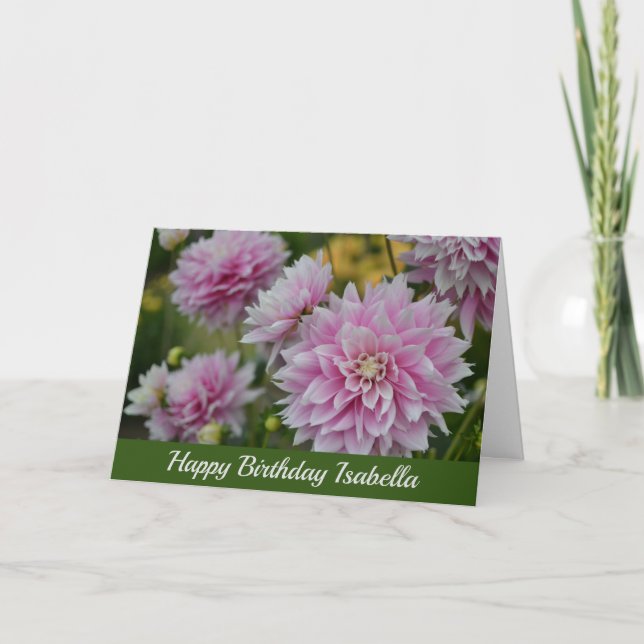 Tarjeta Flores rosadas de Dahlia en RHS Garden Feliz cumpl (Anverso)