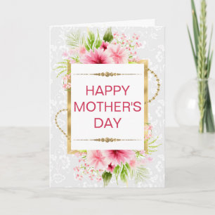 Tarjeta Flores rosadas de primavera y día de la madre dora