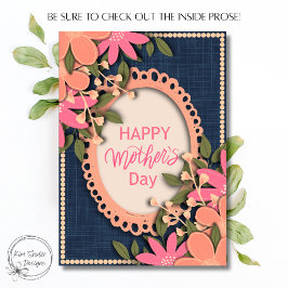 Tarjeta Flores rosadas "Feliz día de la madre" sobre azul