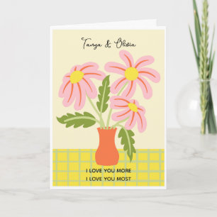 Tarjeta Flores rosadas y amarillas en un diseño de jarrón