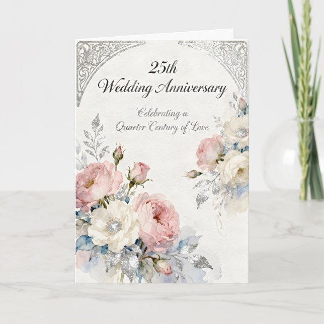 Tarjeta Flores rosadas y blancas 25º aniversario de bodas (Anverso)