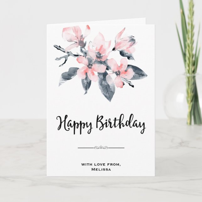 Tarjeta Flores rosadas y grises Clase alta Cumpleaños con  (Anverso)
