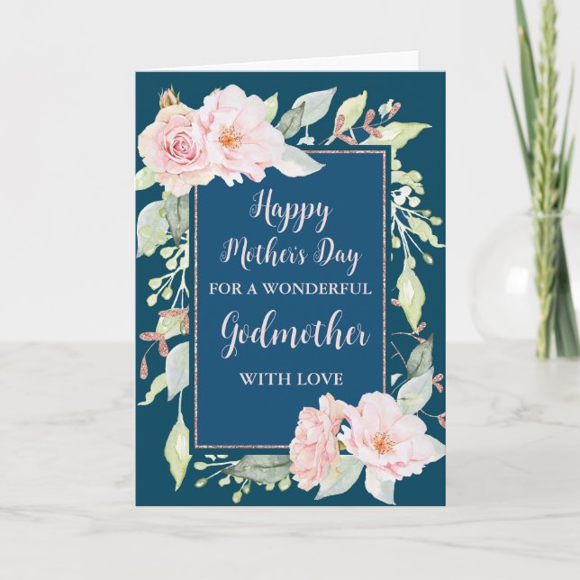 Tarjeta Flores rosas azules, padrina, feliz madre de su ma (Anverso)