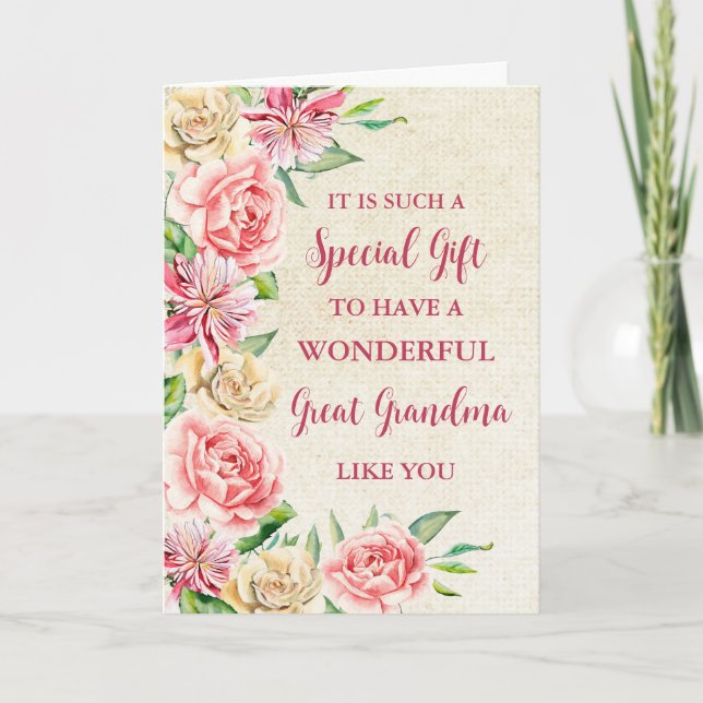 Tarjeta Flores rosas: Gran abuela feliz día de la madre (Anverso)