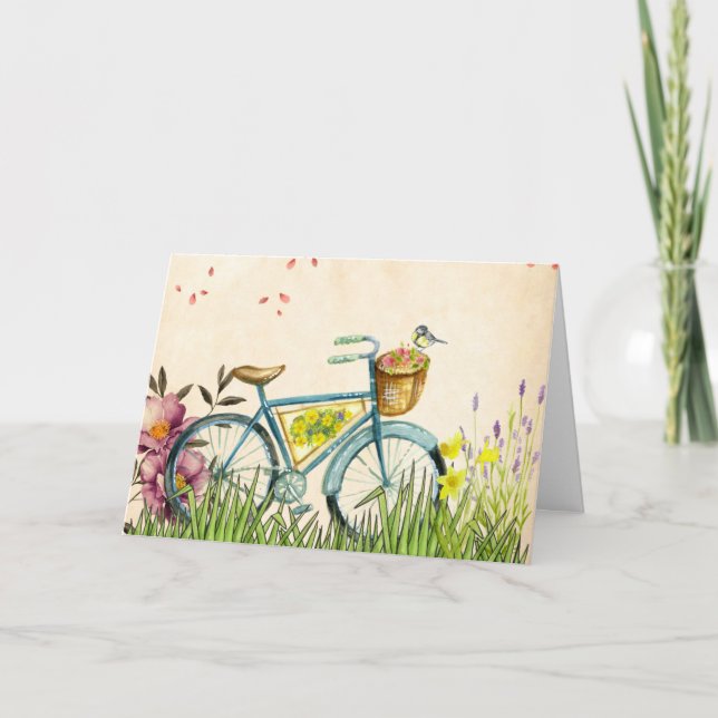 Tarjeta Flores rosas y pájaro amarillo en bicicleta azul (Anverso)