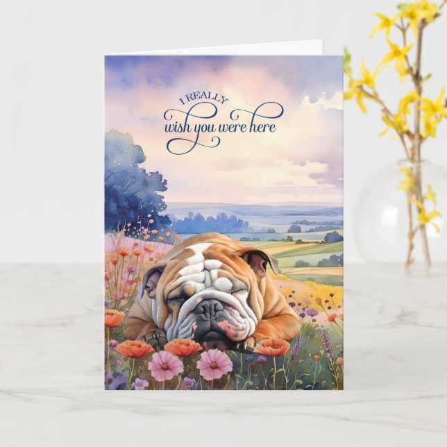 Tarjeta Flores Silvestres Bulldog Inglés te Extrañan (flor amarilla)