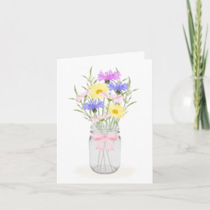 Tarjeta Flores silvestres de primavera en Mason Jar Vase e