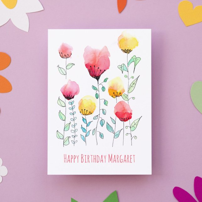 Tarjeta Flores silvestres escandinavas adoran el cumpleaño (This whimsical birthday card pairs folk flowers with modern typography for a cute Happy Birthday!)