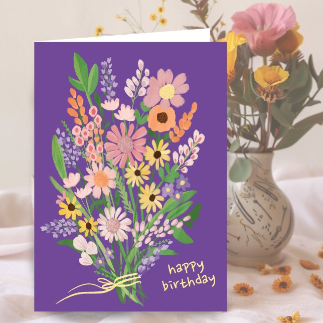 Tarjeta Flores silvestres Gouache pintado a mano Feliz cum (Wildflowers Handpainted Gouache Painting custom Happy Birthday Card
)
