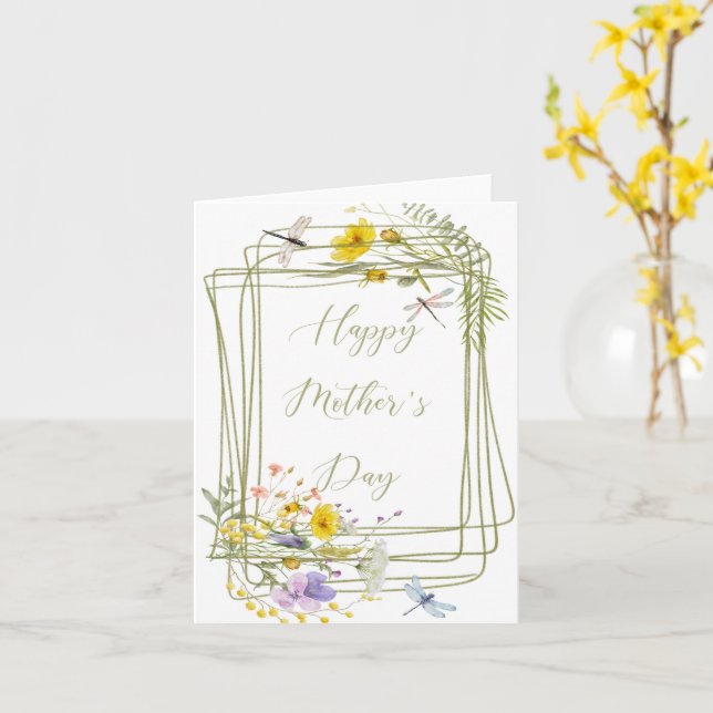 Tarjeta Flores silvestres y libélulas día de la Madre (flor amarilla)