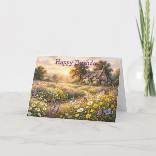 Tarjeta Flores silvestres y una linda cabaña
