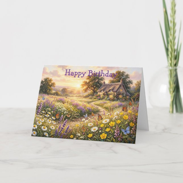 Tarjeta Flores silvestres y una linda cabaña (Anverso)
