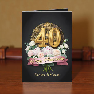Tarjeta Flores suaves y oro 40° aniversario Boda