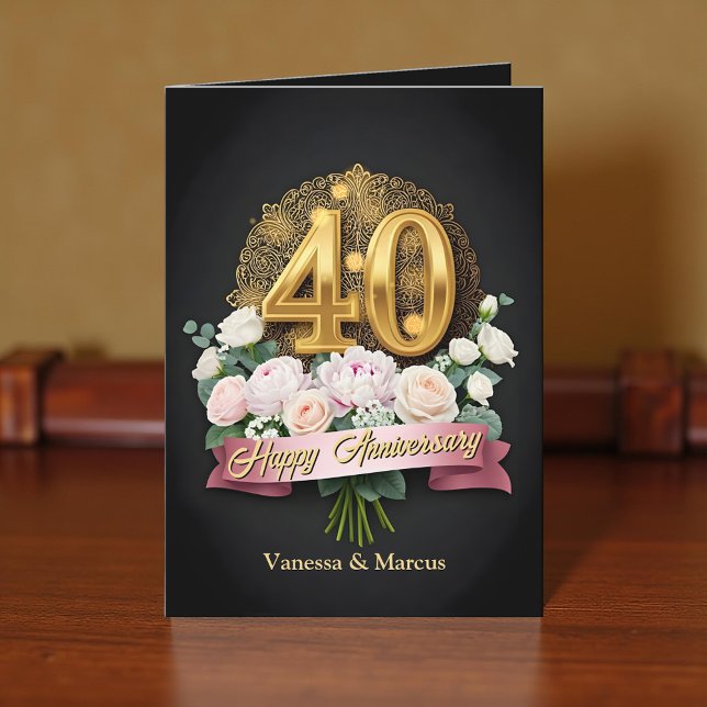 Tarjeta Flores suaves y oro 40° aniversario Boda (Subido por el creador)