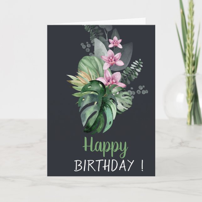 Tarjeta Flores tropicales cumpleaños oscuro (Anverso)