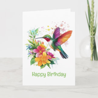 Tarjeta Flores tropicales de Hummingbird Feliz Cumpleaños