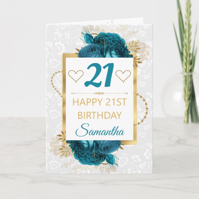 Tarjeta Flores Turquesas y Cumpleaños de Papel de Oro (Anverso)