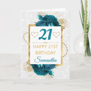 Tarjeta Flores Turquesas y Cumpleaños de Papel de Oro