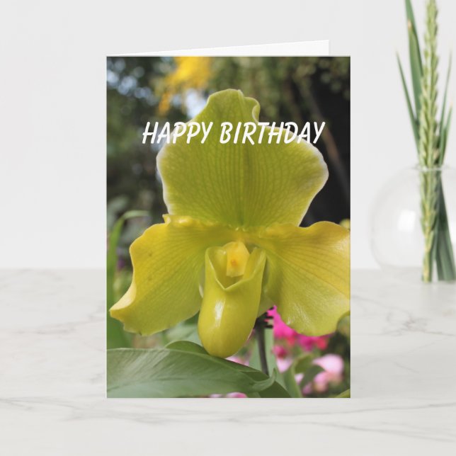 Tarjeta flores verdes de orquídea amarilla feliz cumpleaño (Anverso)
