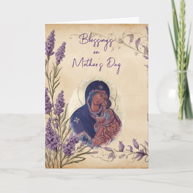 Tarjeta Flores violetas Día de la Madre Ortodoxa (Anverso)