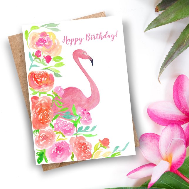 Tarjeta Flores y flamenco del feliz cumpleaños (Tropical Elegance: A Stunning Watercolor Birthday Card for Artistic Souls.)