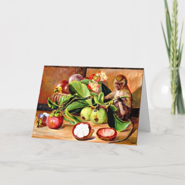 Tarjeta Flores y frutos de Mangosteen; Mono de Singapur, (Anverso)