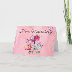 Tarjeta Flores y mariposas acuarela rosa