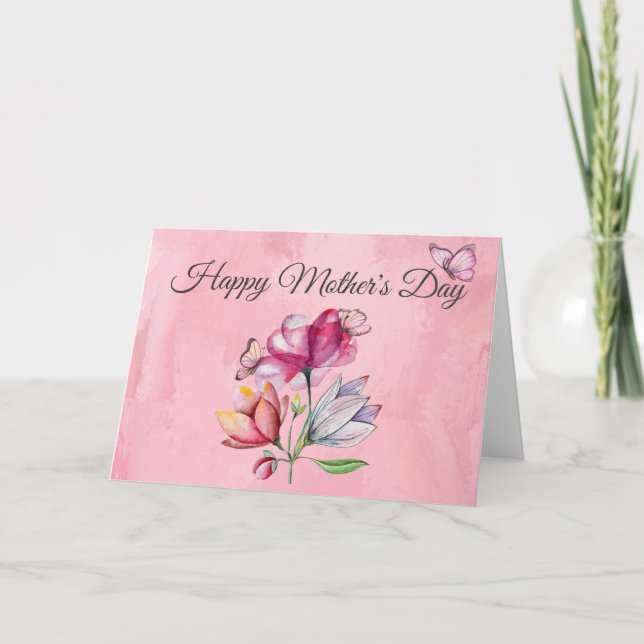 Tarjeta Flores y mariposas acuarela rosa (Anverso)