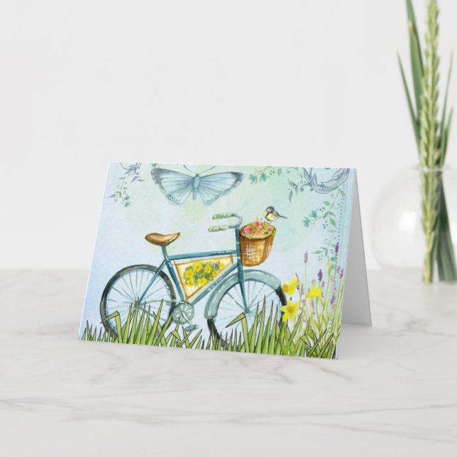 Tarjeta Flores y pájaro de la cesta azul de la bicicleta (Anverso)