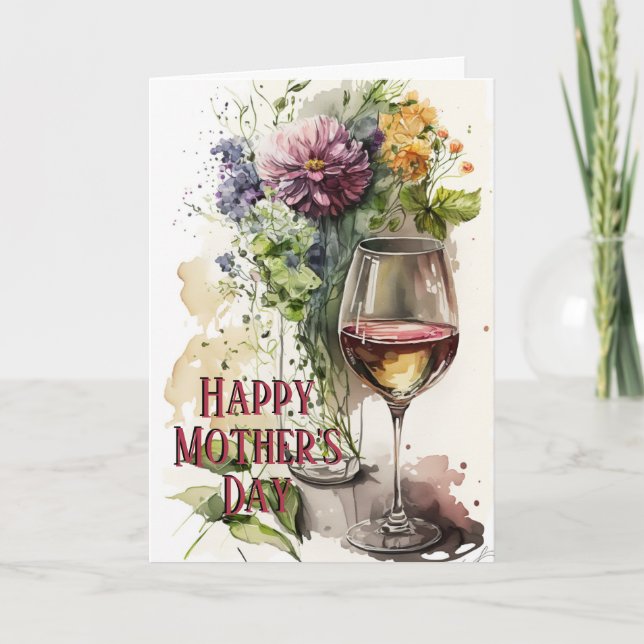 Tarjeta Flores y vidrio de vino, regalo perfecto, Día de l (Anverso)