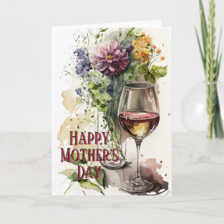 Tarjeta Flores y vidrio de vino, regalo perfecto, Día de l