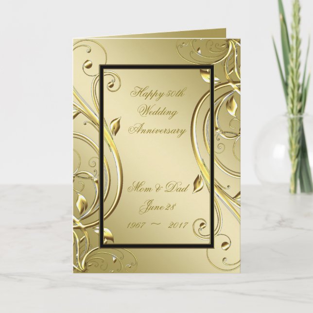 Tarjeta Flourish Gold Black 50th Wedding Anniversary (Anverso)