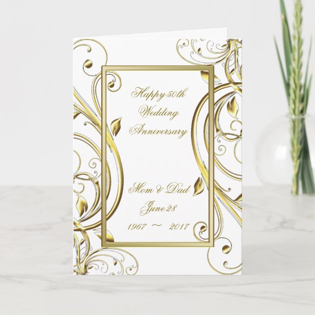 Tarjeta Flourish Gold White 50° Aniversario del Boda (Anverso)