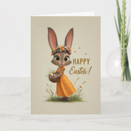 Tarjeta Flower-Crown Bunny in Orange Dress Easter Card
