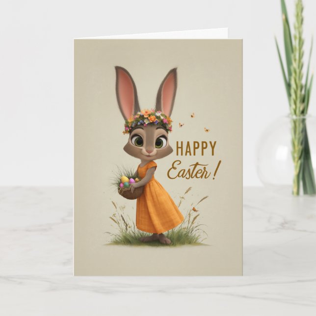 Tarjeta Flower-Crown Bunny in Orange Dress Easter Card (Anverso)