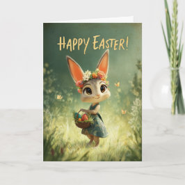 Tarjeta Flower-Crown Bunny with Easter Basket Meadow Card