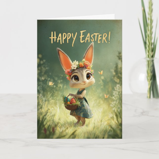 Tarjeta Flower-Crown Bunny with Easter Basket Meadow Card (Anverso)