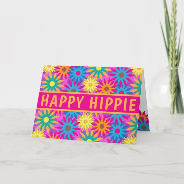 Tarjeta Flower Power Happy Hippie Birthday en los años 60 (Anverso)