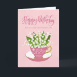 Tarjeta Flower Teacup 88th Birthday Daughter-In-Law<br><div class="desc">Una pintoresca taza de té rosada llena de un hermoso ramo de flores del valle junto con las palabras con letras de la mano Feliz cumpleaños en la parte superior de la carta y las palabras con letras de la mano 88 hoy con corazones de amor en la taza de...</div>
