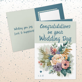 Tarjeta Flower Wedding Felicitaciones azul verde