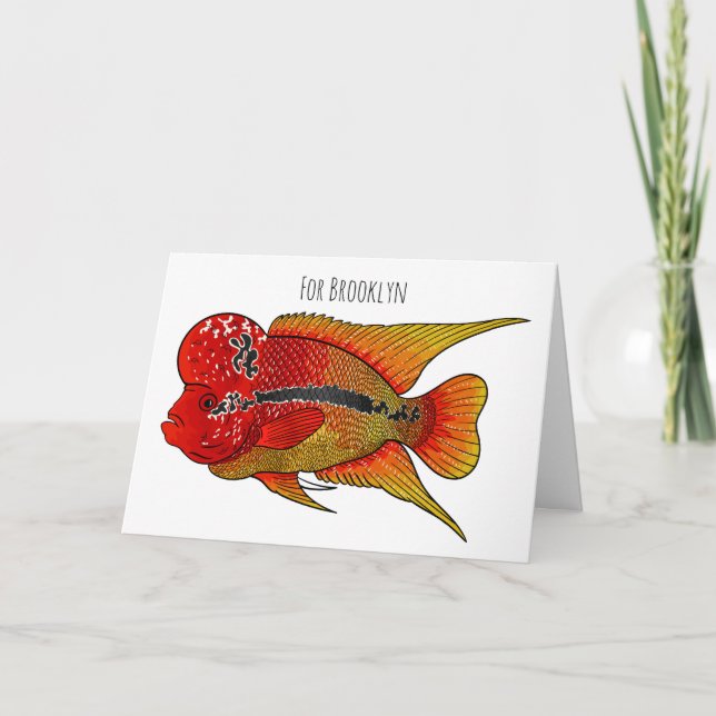Tarjeta Flowerhorn cichlid fish cartoon illustration (Anverso)
