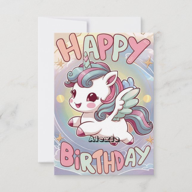 Tarjeta Fluffy Happy Unicorn Cumpleaños (Anverso)