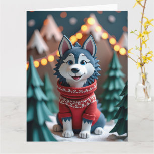 Tarjeta Fluffy Husky en la escena montañosa de los Navidad