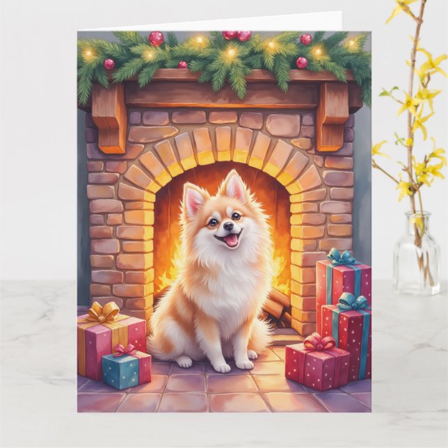 Tarjeta Fluffy Pomeranian Cozy Christmas Fireplace Dog Art (flor amarilla)