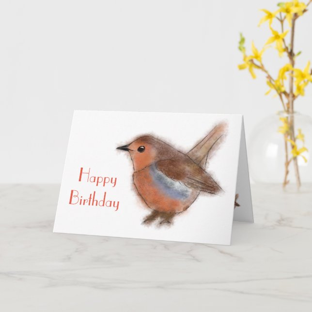 Tarjeta Fluffy Robin Birthday  (flor amarilla)