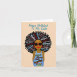 Tarjeta Fly African American Sister Happy Birday Card<br><div class="desc">Esta fresca tarjeta de cumpleaños feliz muestra a una mujer afroamericana con inspirador arte de palabras en su pelo y en el enterizo de su jean.  Obtén esta tarjeta con mucha personalidad para tu hermana por su cumpleaños</div>